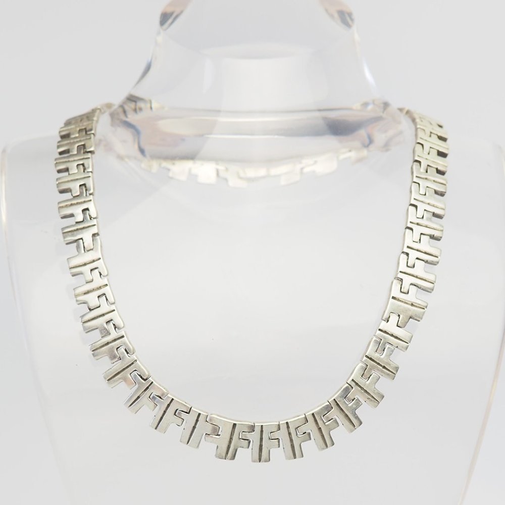 Tribal modern sterling silver necklace Taxco Mexico